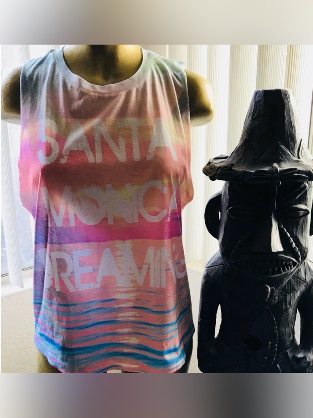 Retro Doll SANTA MONICA DREAMING Tropical CALIFORNIA Print TANK TOP Medium